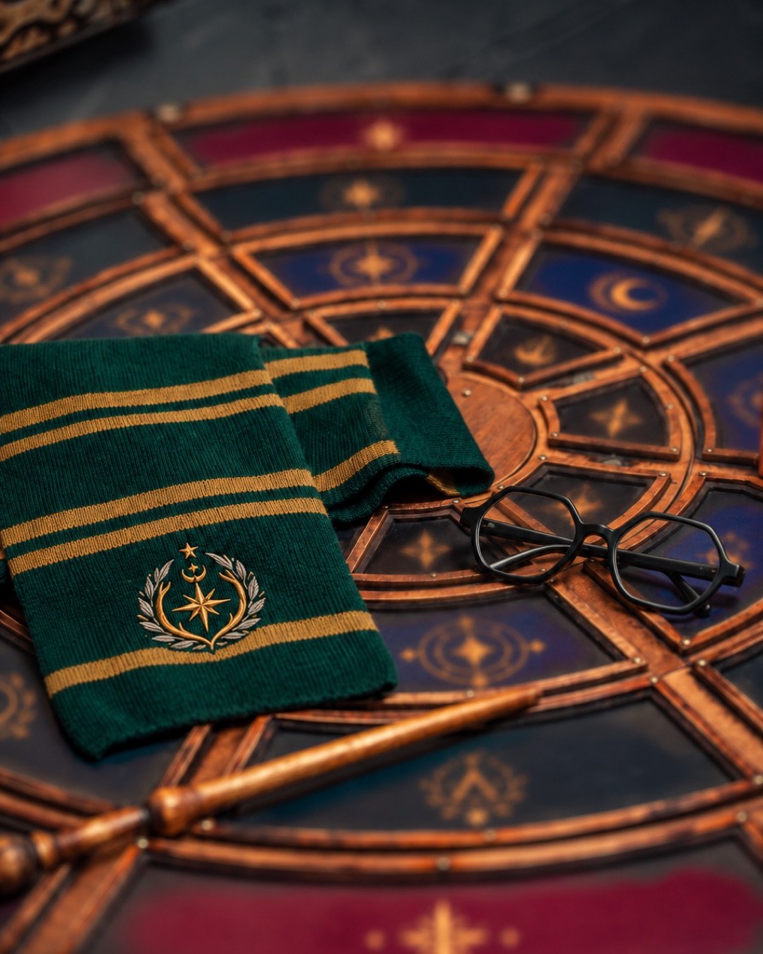Écharpe de l'académie, lunettes rondes et baguette posées sur une table astrale