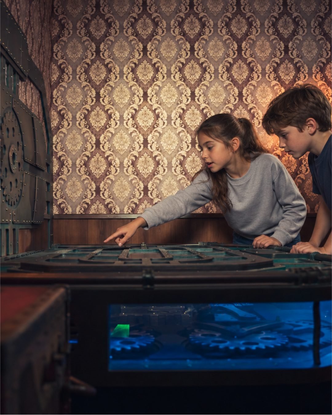 Deux enfants manipulent une table à engrenages lumineuse