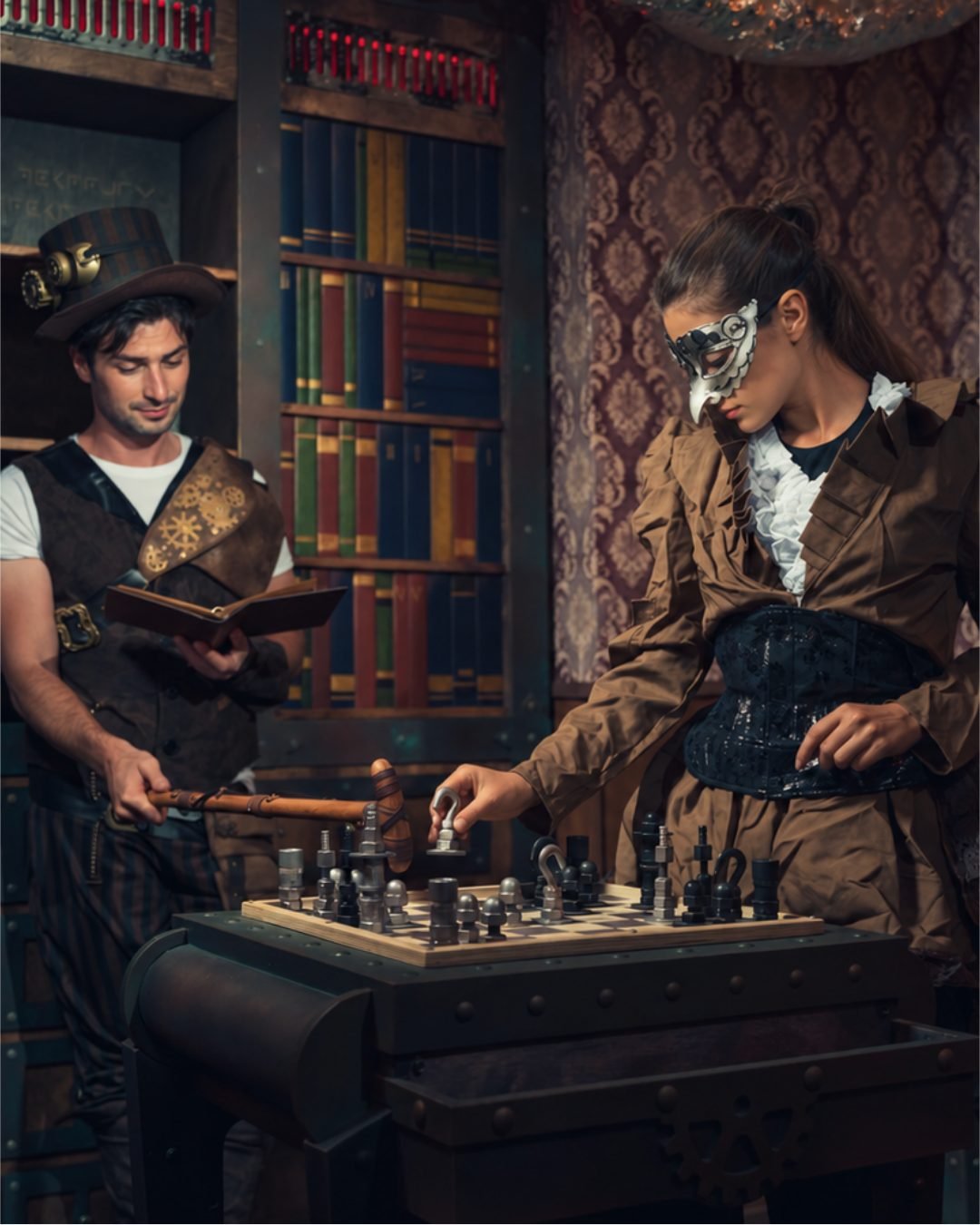 Deux joueurs en costume  devant l'échiquier